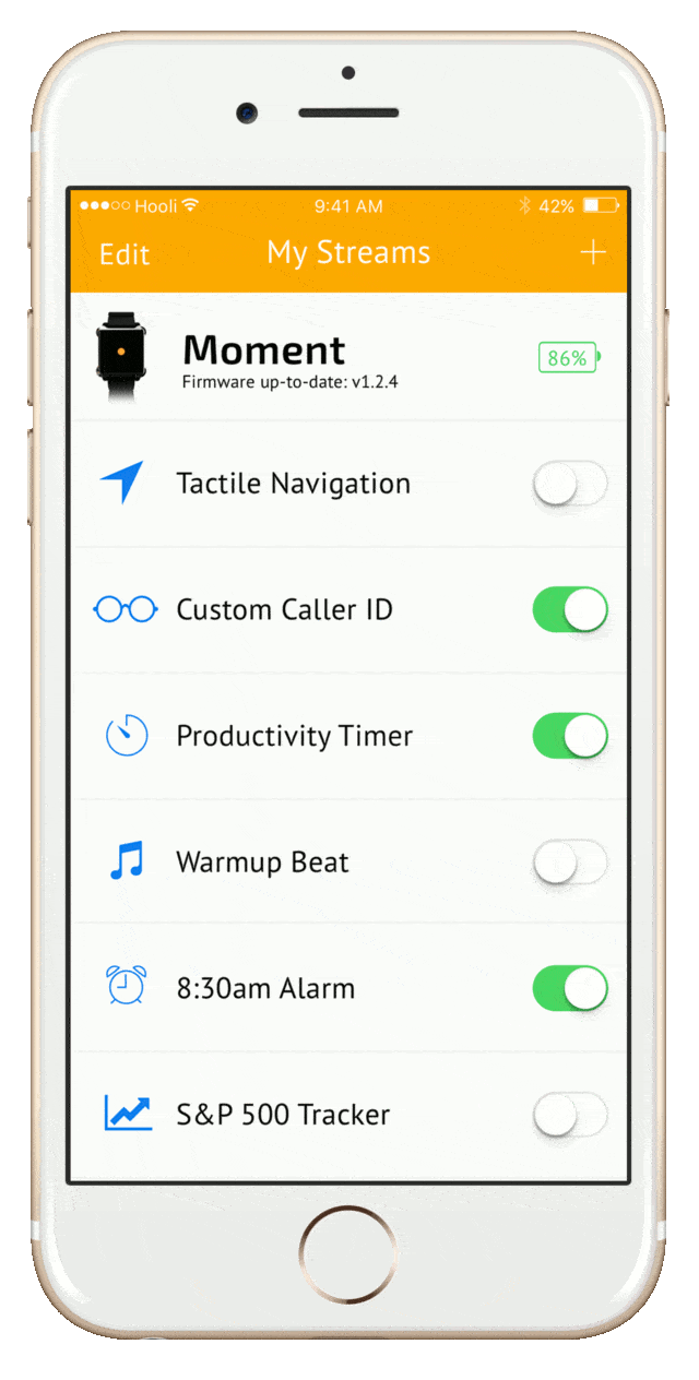 Screenshot displaying the main interface of the Moment app: easily turn different data streams on or off with a tap of your finger.